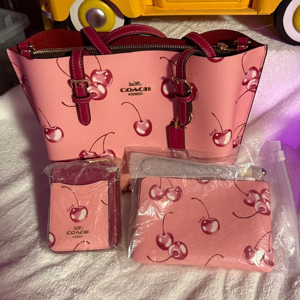 Coach Pink Cherry Print Tote with Accessories